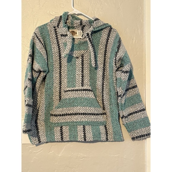 Baja East Sweaters - Earth Ragz Baja Poncho Mexican Hoodie Pullover Striped Oversized Teal Small